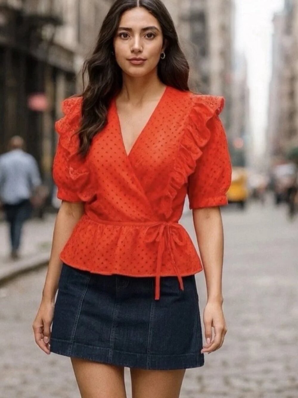 NWT J. Crew eyelet ruffle wrap top red orange size Medium